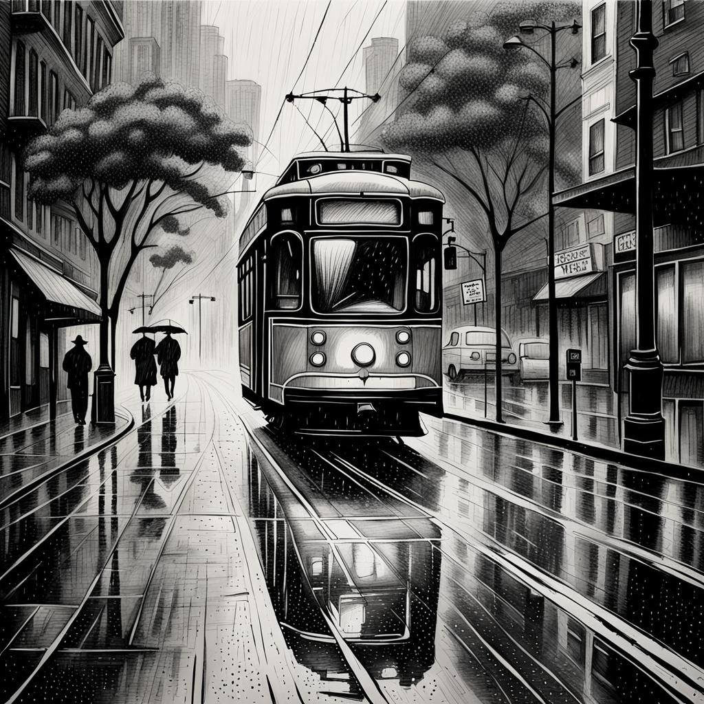 Streetcar in Rain: Charcoal and Ink Pointillism