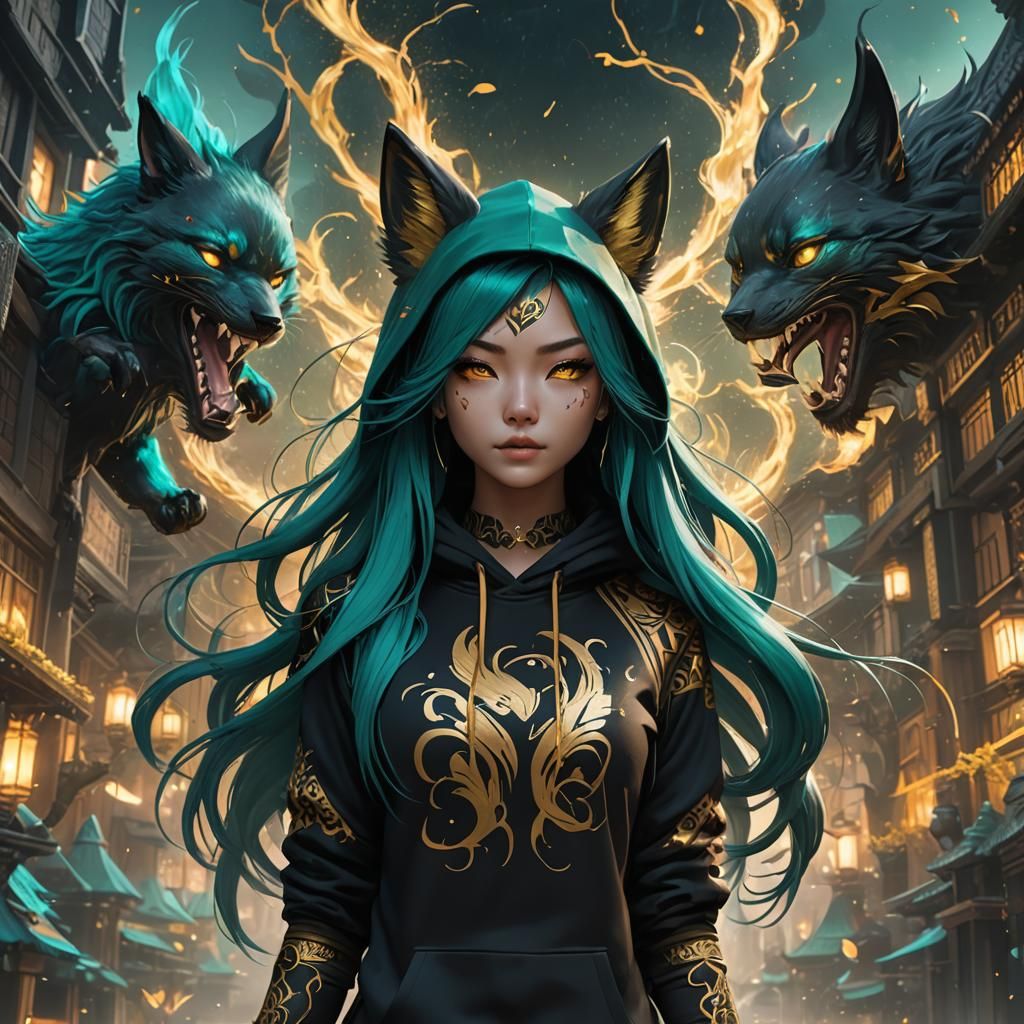 Kitsune Girl in Black and Gold Hoodie
