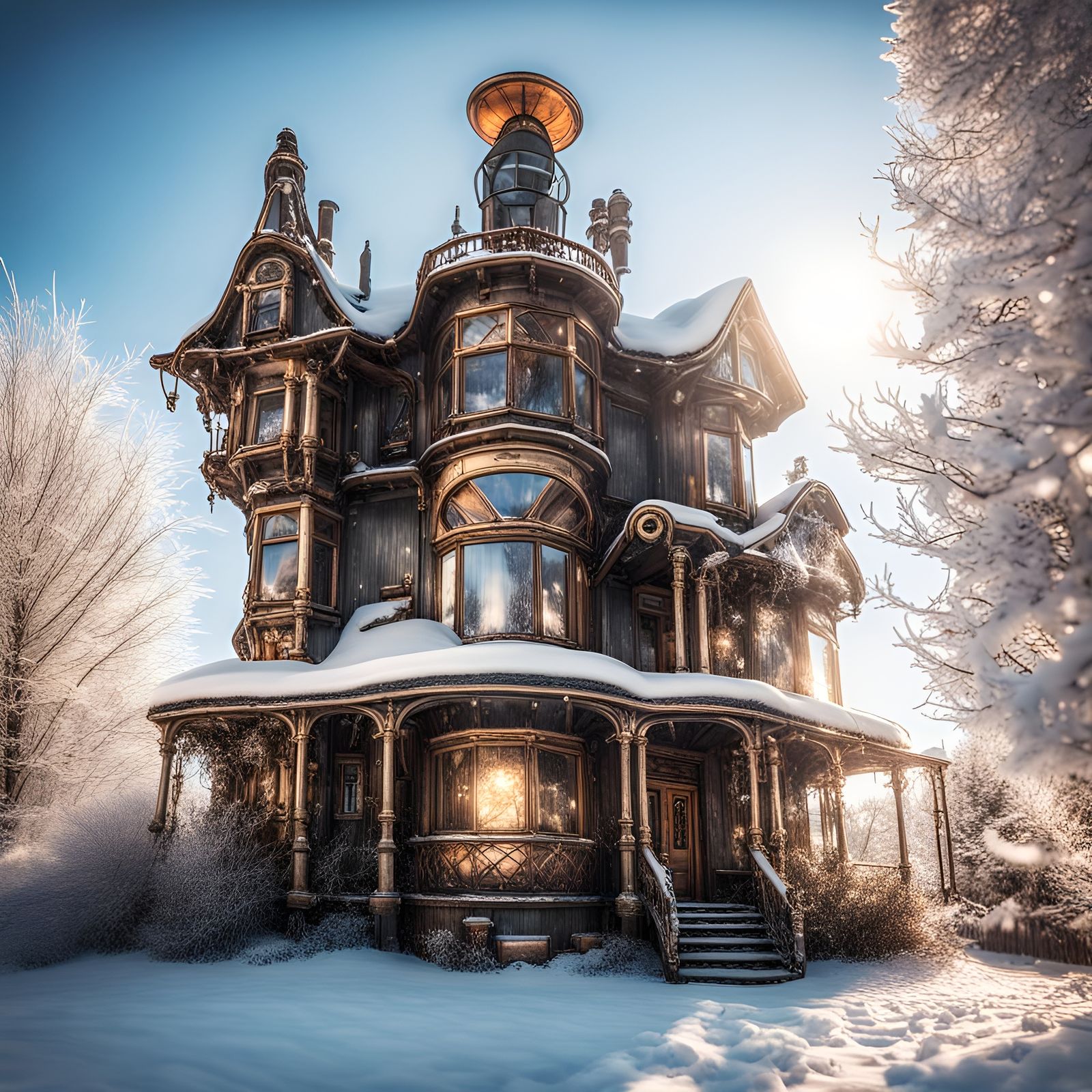 Snow-Covered Steampunk Mansion and Metallic Garden