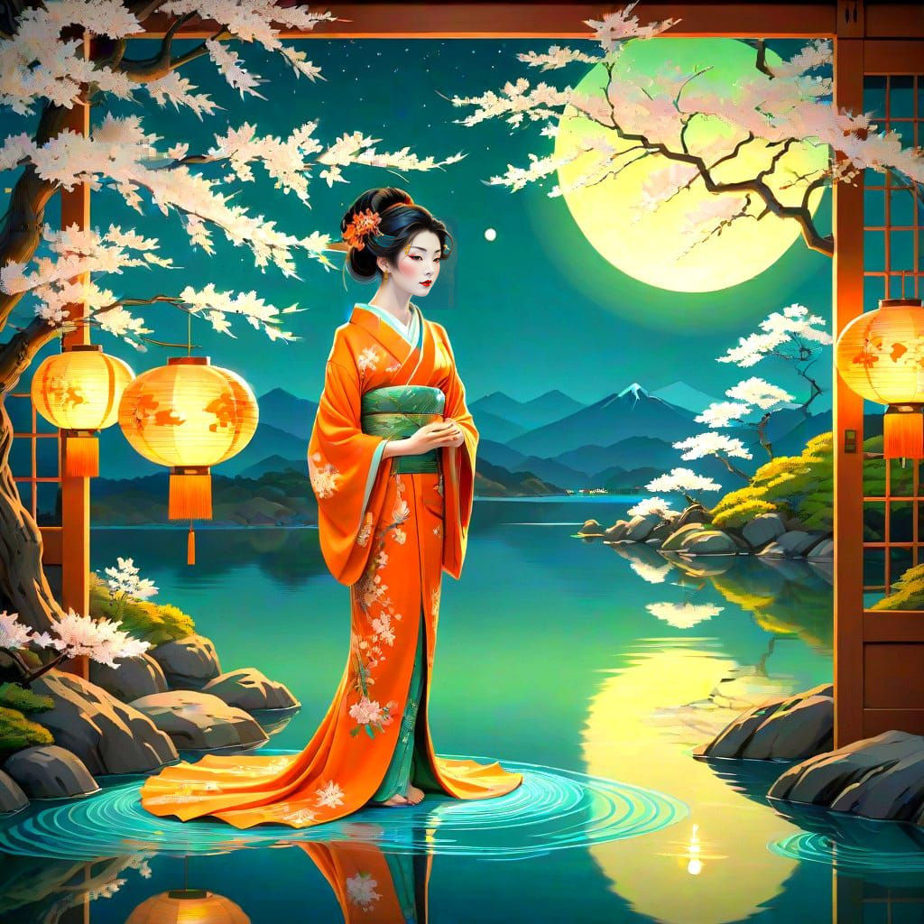 Ethereal Geisha by Night in Ancient Japanese Haven