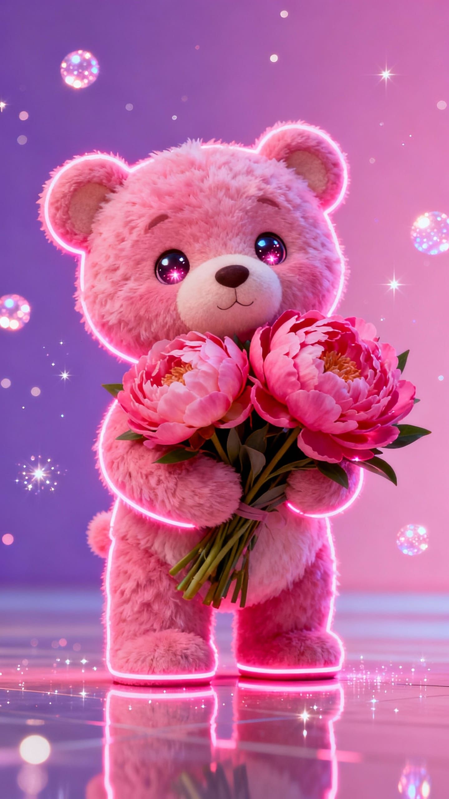 Adorable Fluffy Teddy Bear Holding Pink Peonies