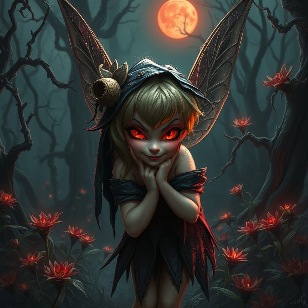 Dark Fantasy Pixie in Haunting Forest at Blood Moon