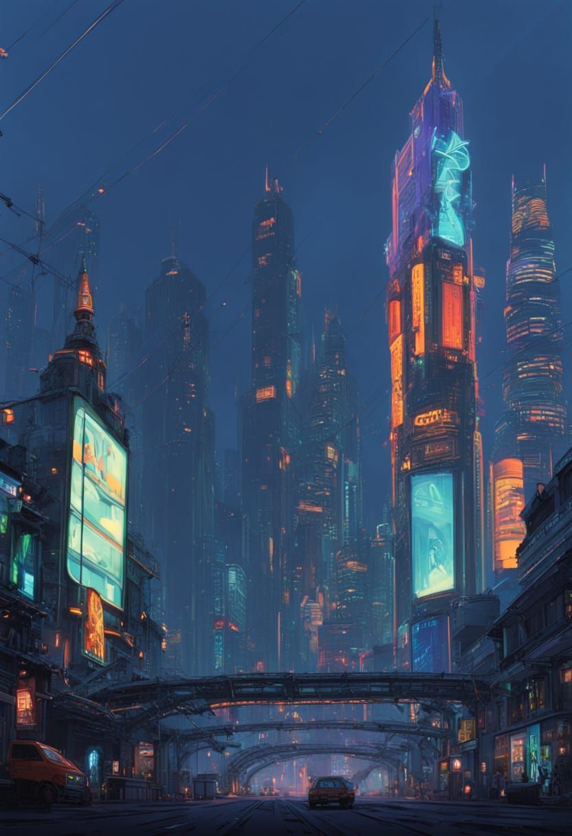 Cyberpunk Cityscape at Night with Flying Vehicles