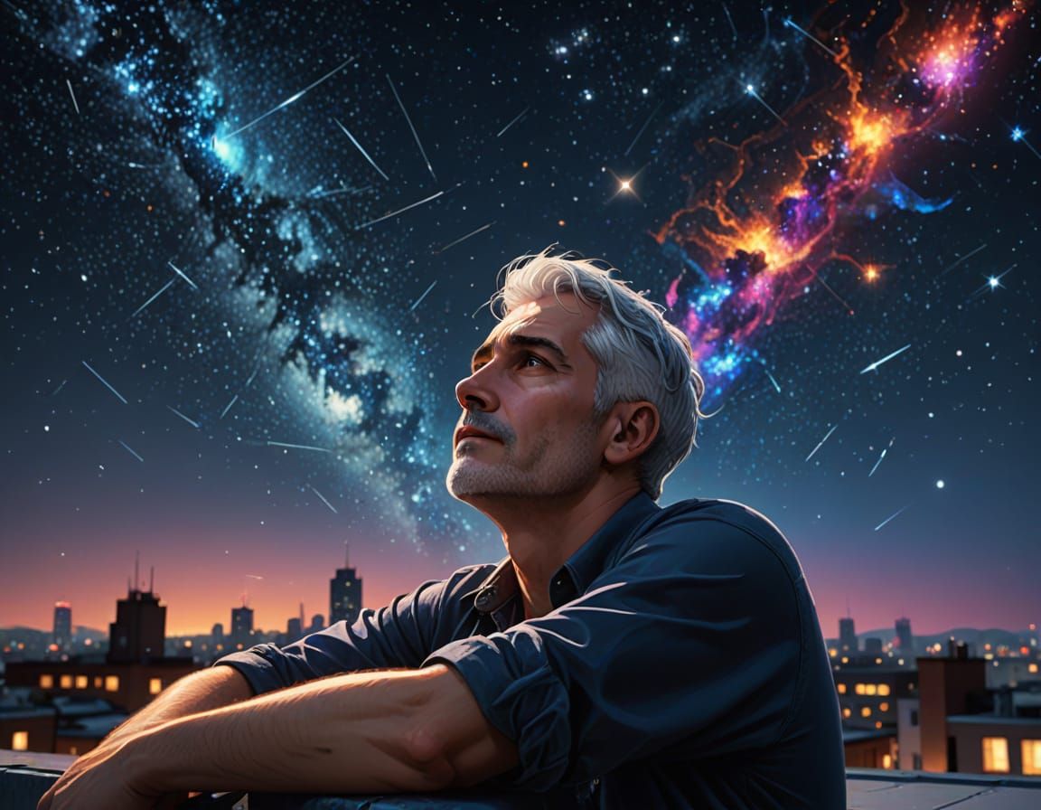 Man Gazing at Blazing Constellations on Rooftop
