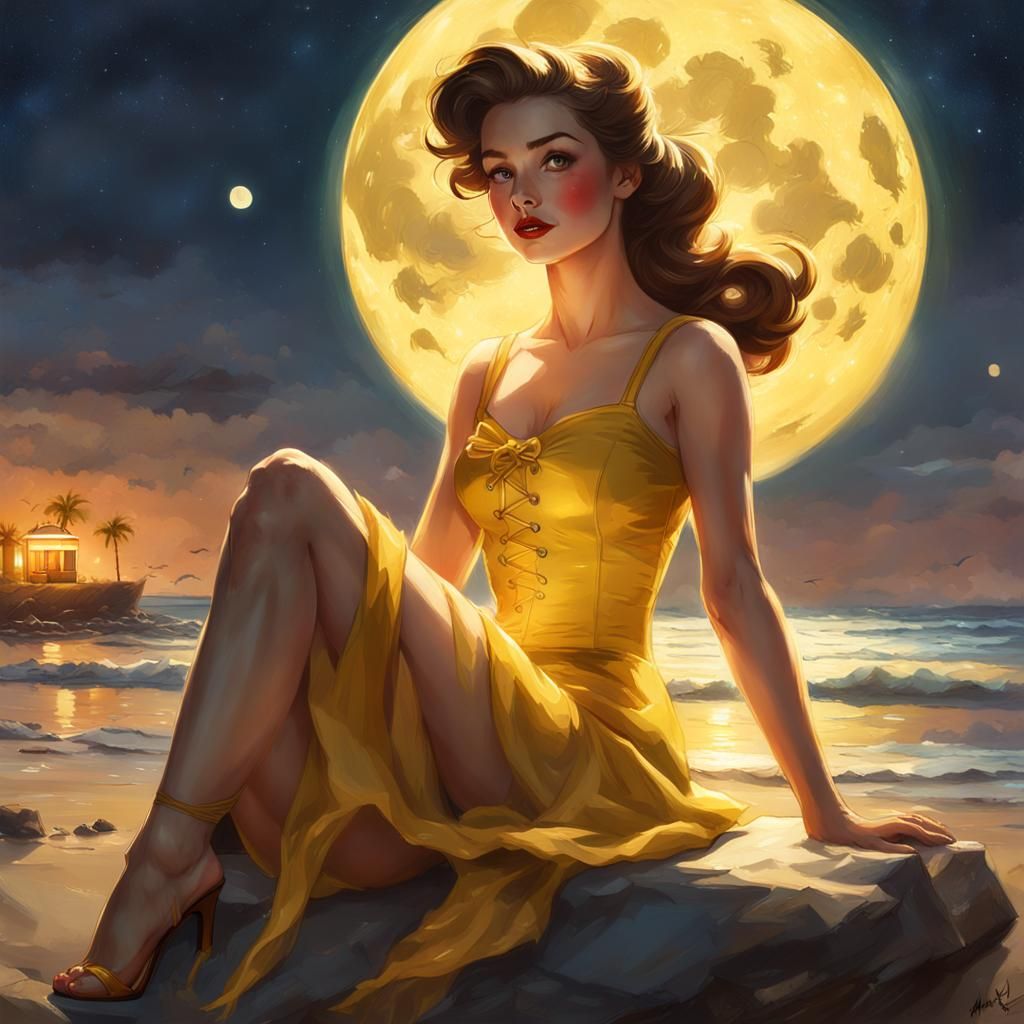 Princess Belle at the Beach, Pin-Up Illustration