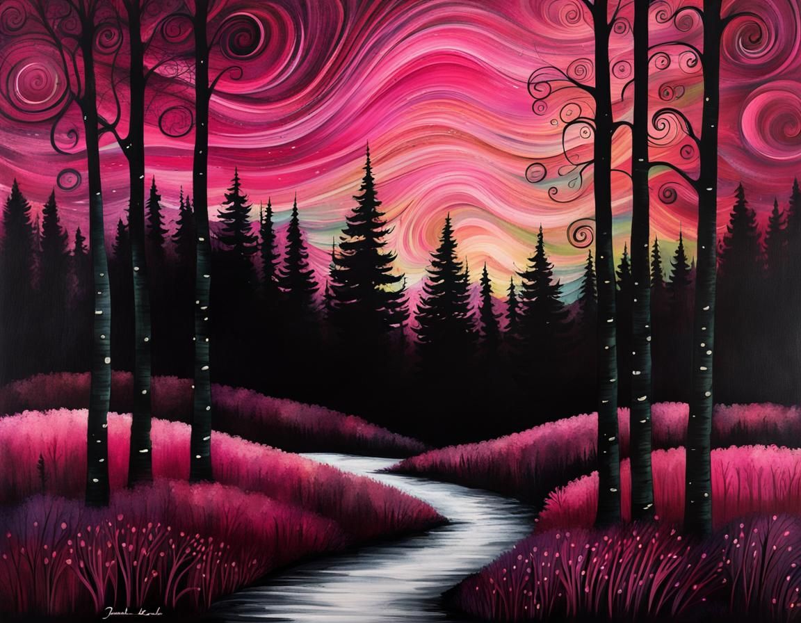 Pink Northern Lights Over Redwoods, Scandinavian Folk Art