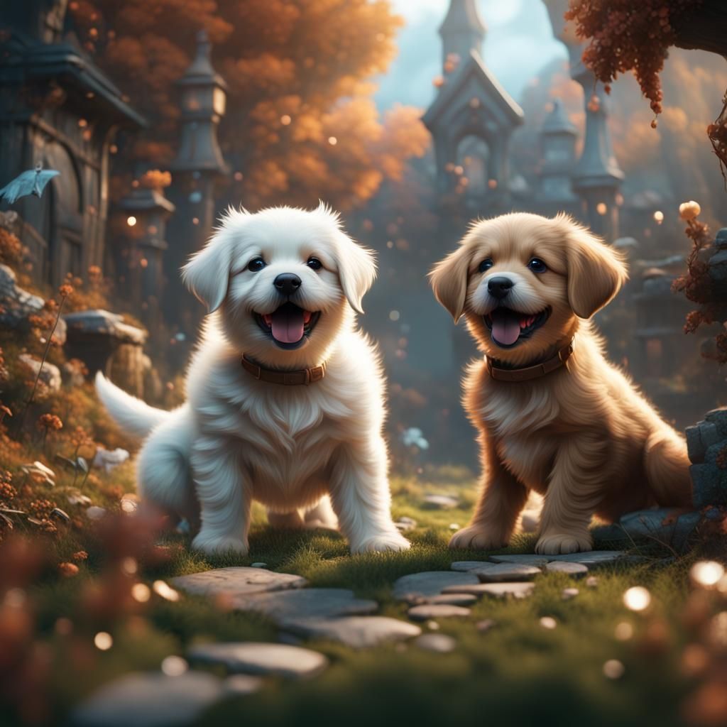 Cute Puppies Play Fighting: Detailed Fantasy Art