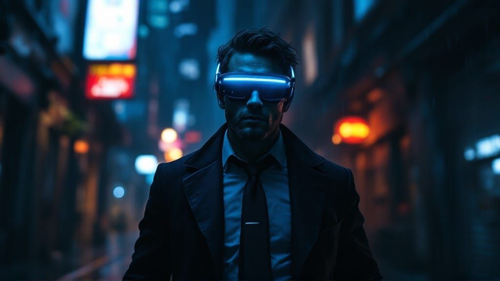 Gritty Cyberpunk Businessman in Distressed Suit, Surrounded....