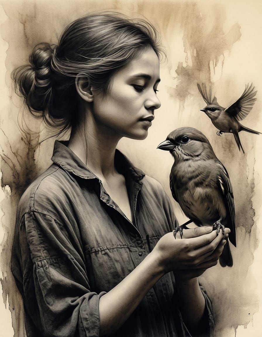 Motherly Woman Holding Bird: Charcoal Drawing