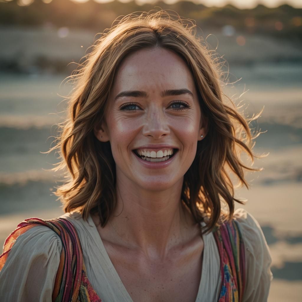 Emily Blunt Laughing at Sunset in Cinematic Film Still