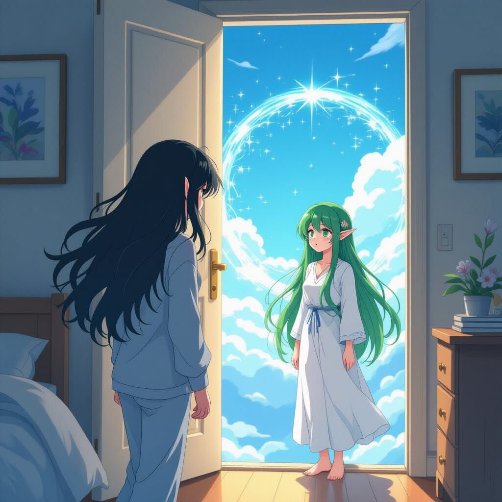 Woman Opens Door to Shimmering Portal with Elf, Anime-Realis...