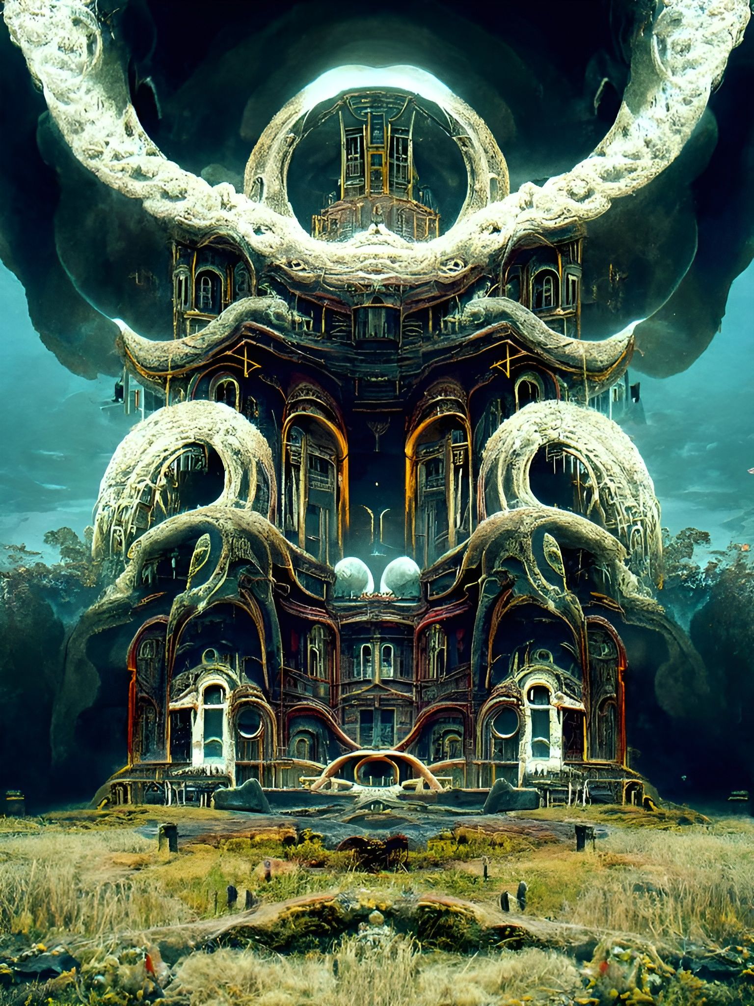 Lovecraftian Architecture in Lunarpunk Landscape