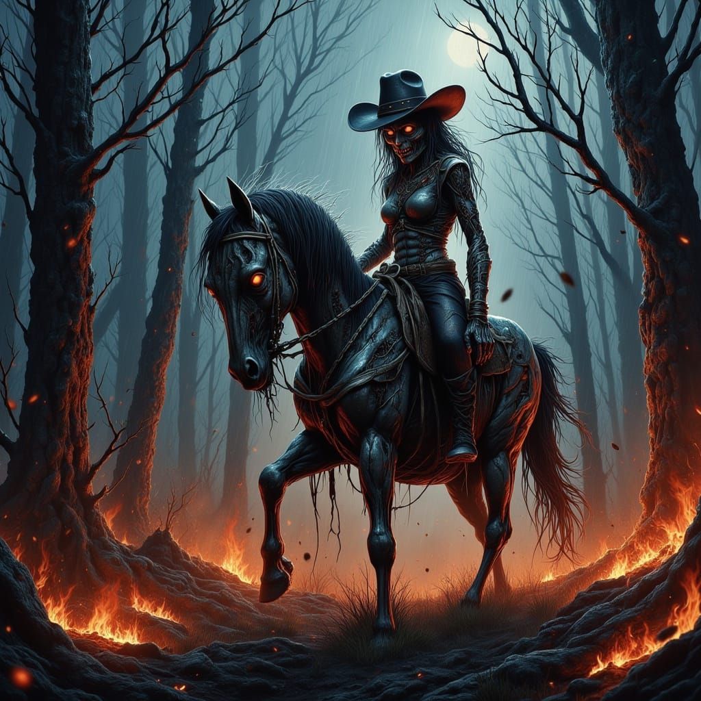 Zombie Cowgirl Rides Out of Inferno in Hyperrealistic Zombie...