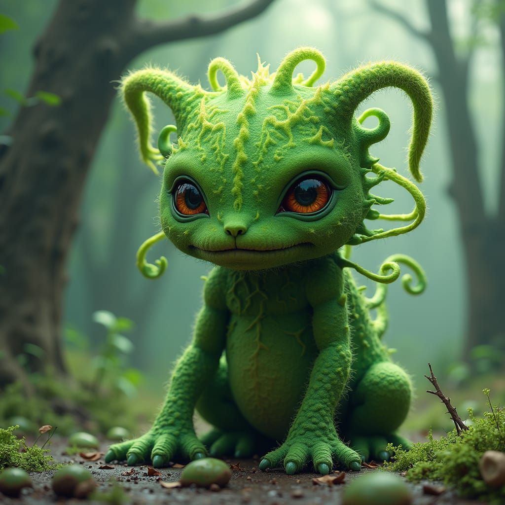 Mossy Green Monster in Watercolor Style