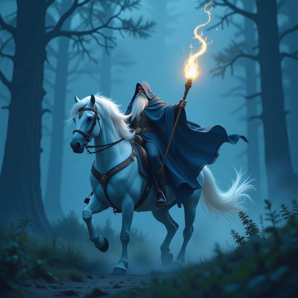 Wizard on White Horse in Misty Forest