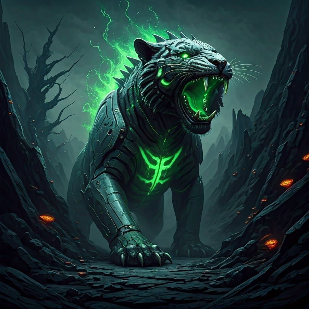 Mythradium Tiger Roars in Nuclear Wasteland Landscape