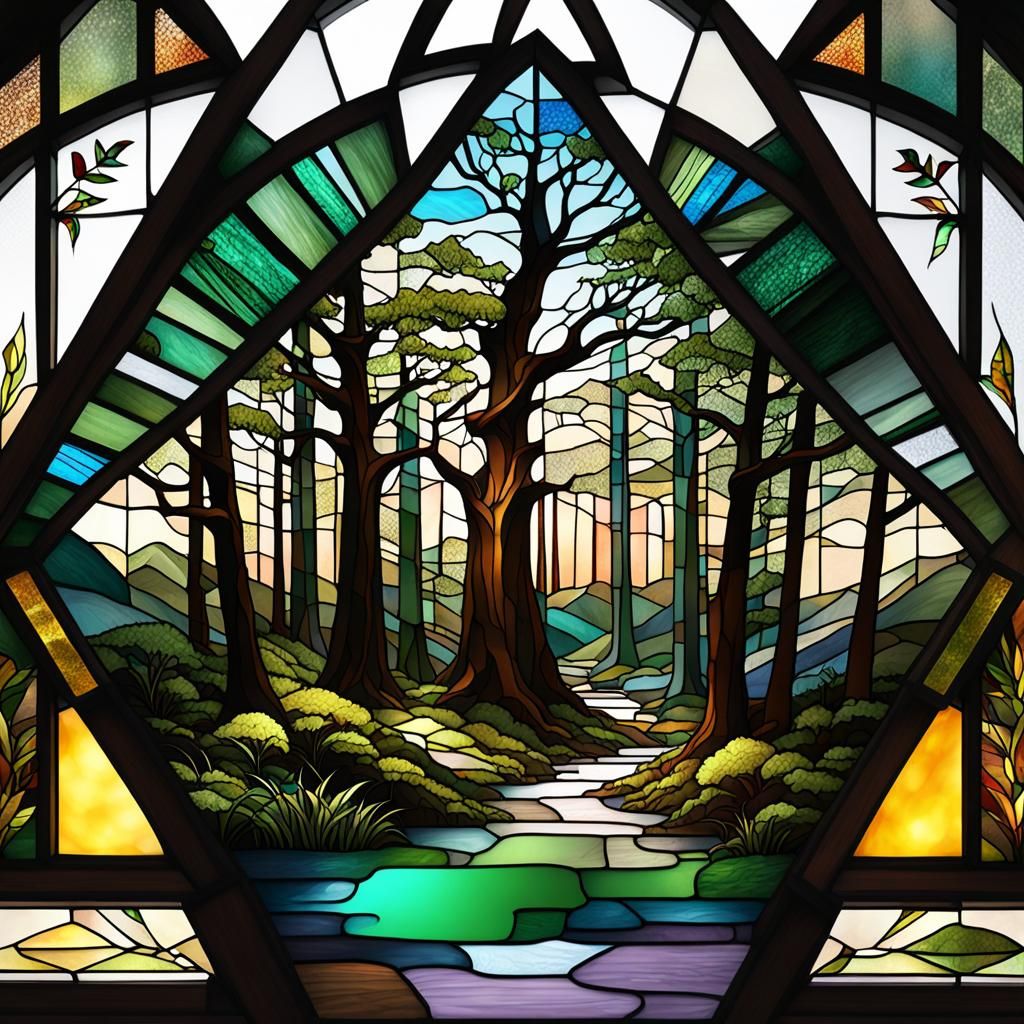 3d stained glass of the Forrest with a large Hecatoncheires