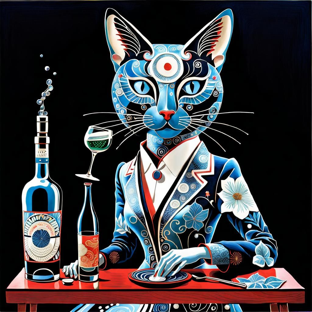 Whimsical Cat Bartender in Folk Art Style