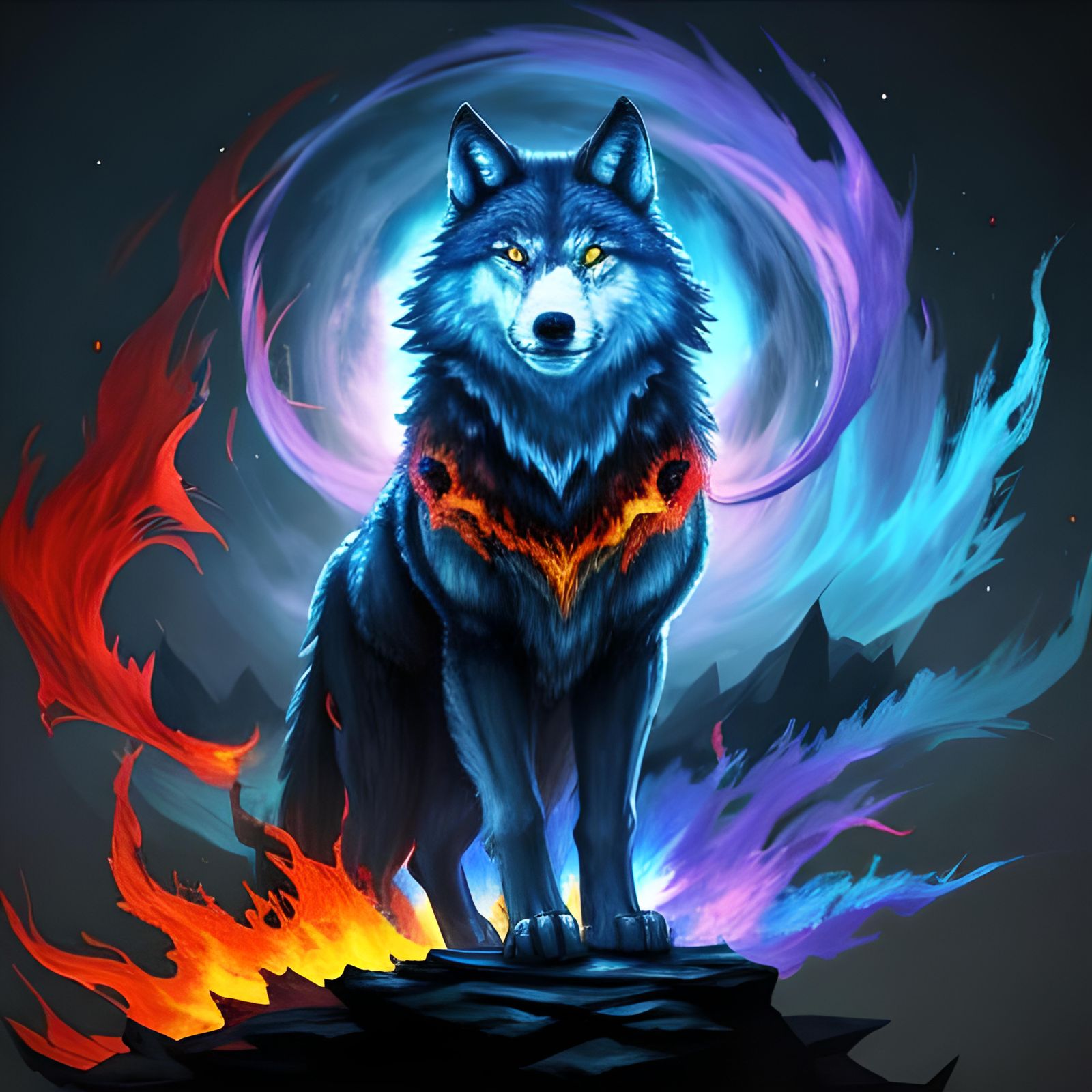 Fiery Wolf Spirit in Dynamic Fantasy Colors