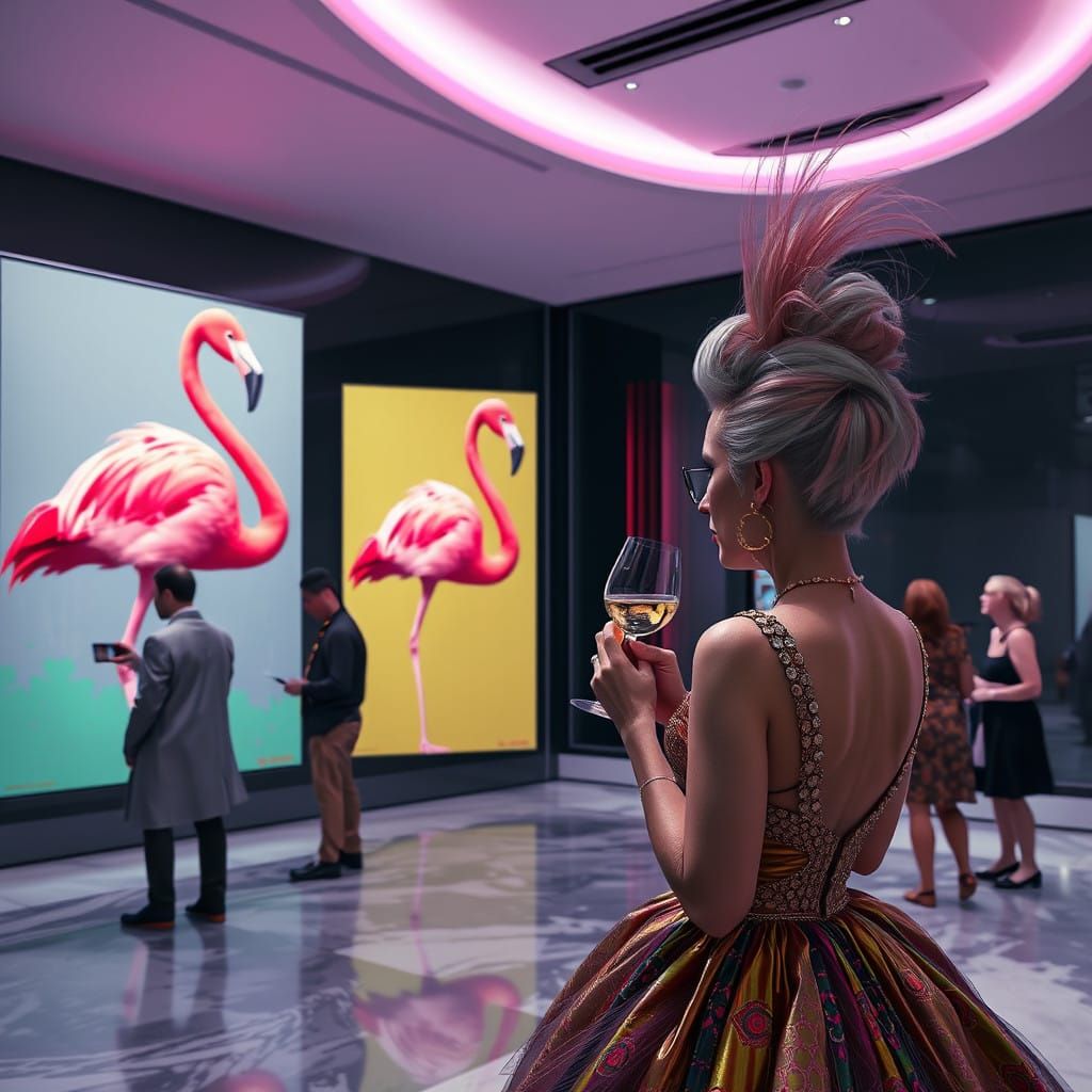 Surreal Flamingo Gala in a Futuristic Art Deco Museum