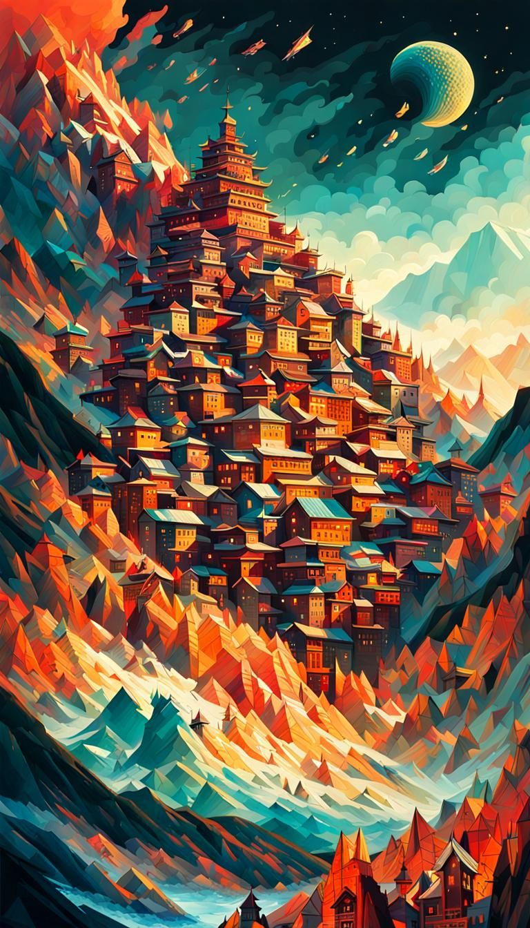 Vibrant Box Mountain: Detailed Digital Illustration