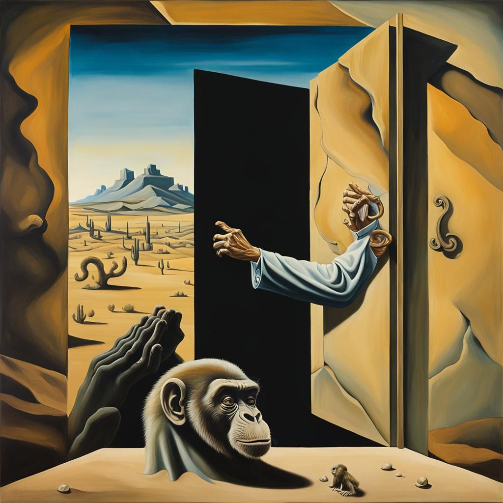 Desert, muted colors, door opened to blackness, monkey (larg...
