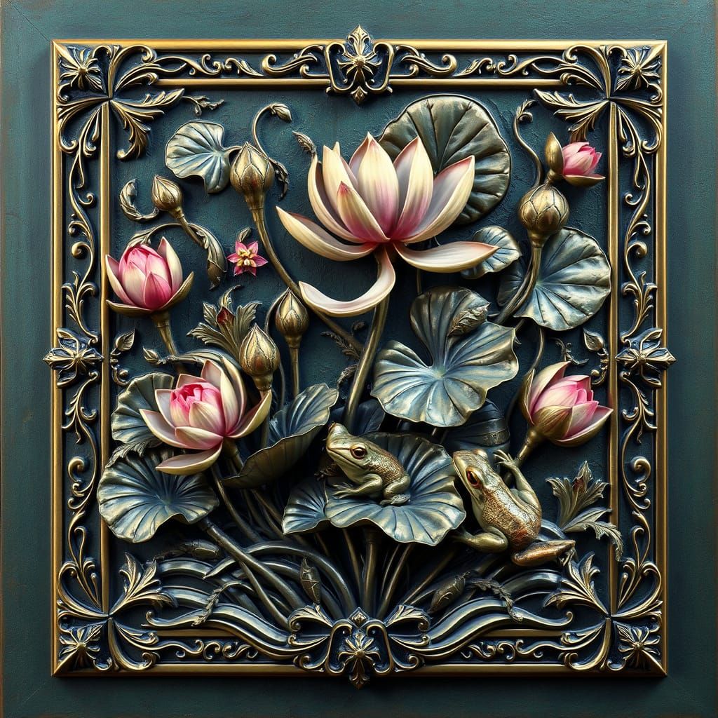Luxurious Baroque-Inspired Lotus Scene in Vibrant 2.5D Brass...