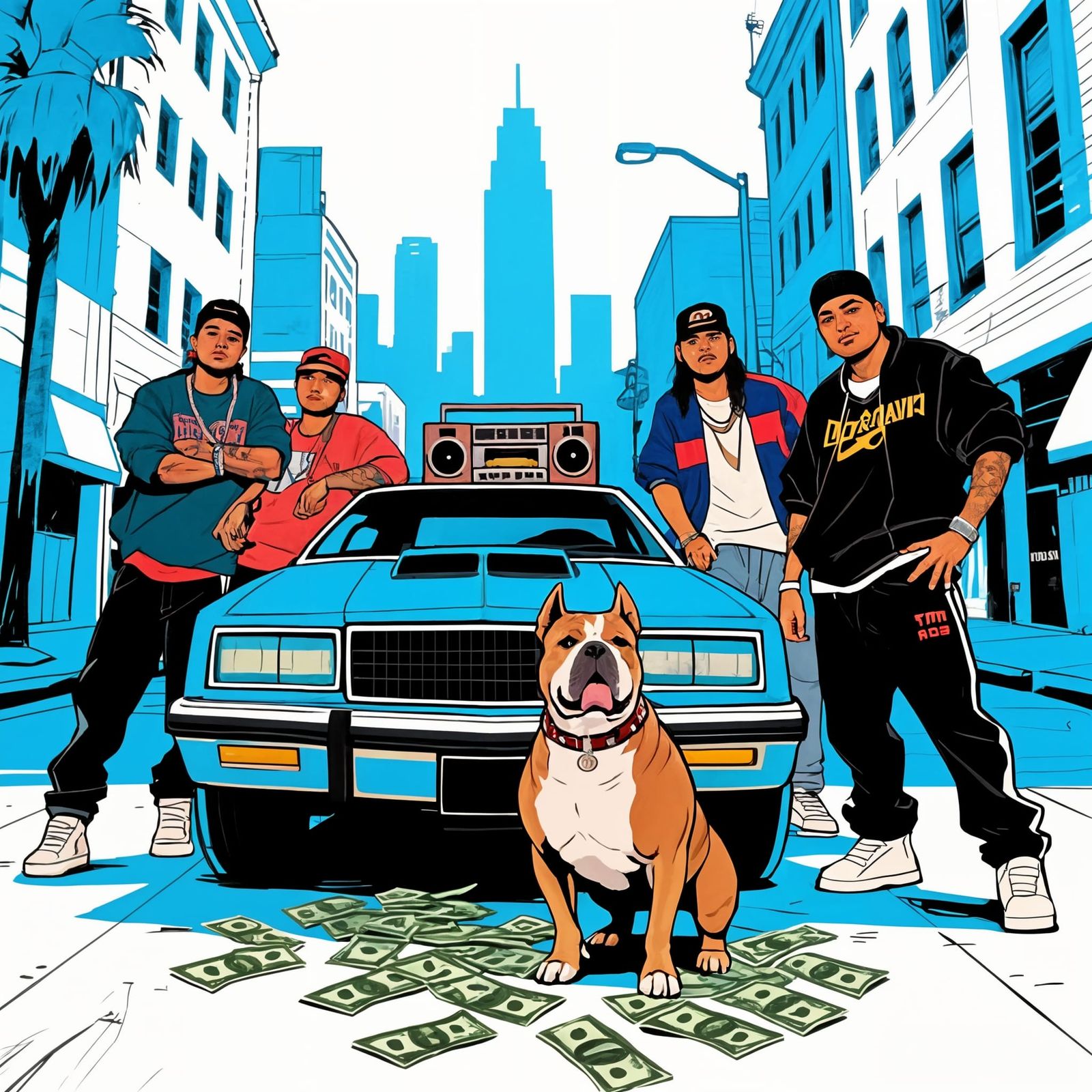 Los Angeles 80's Lowrider Scene in GTA Comic Style