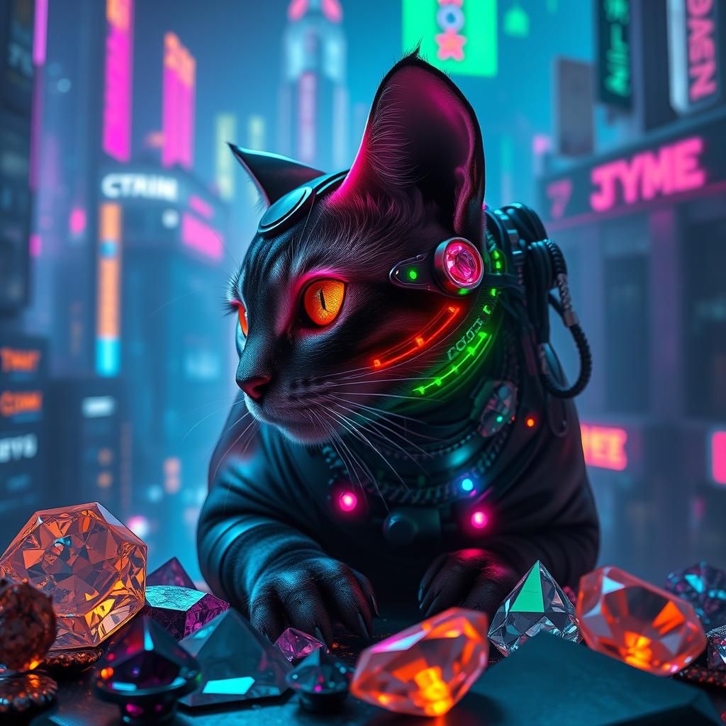 Psychedelic Catbot Queen in Cyberpunk Neon Cityscape