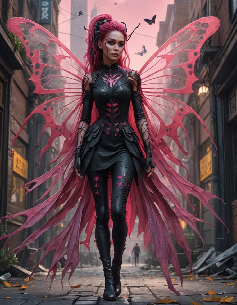 Gothic Urban Fantasy Woman with Butterfly Wings