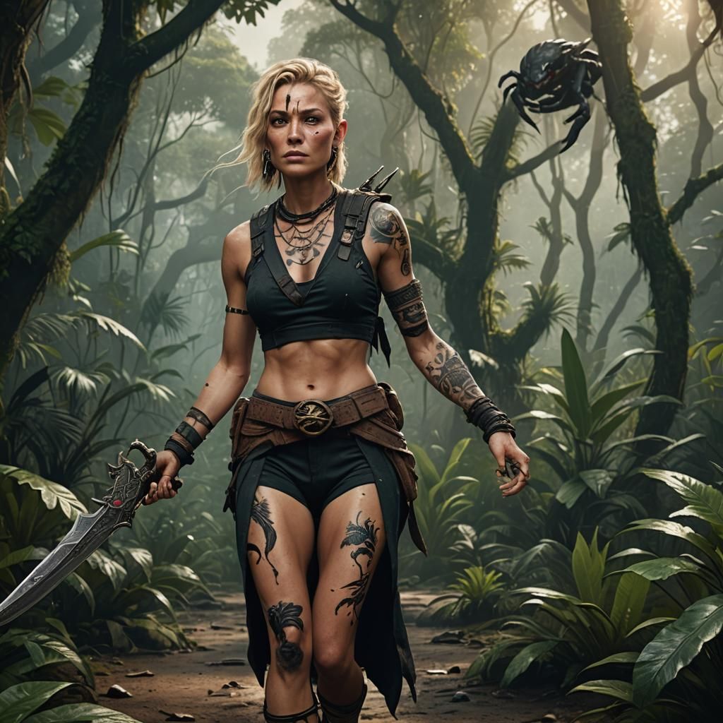 Woman Warrior with Scorpion Tattoo in Jungle