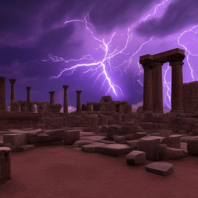 Lightning Strikes Ancient Ruins: Oil Painting