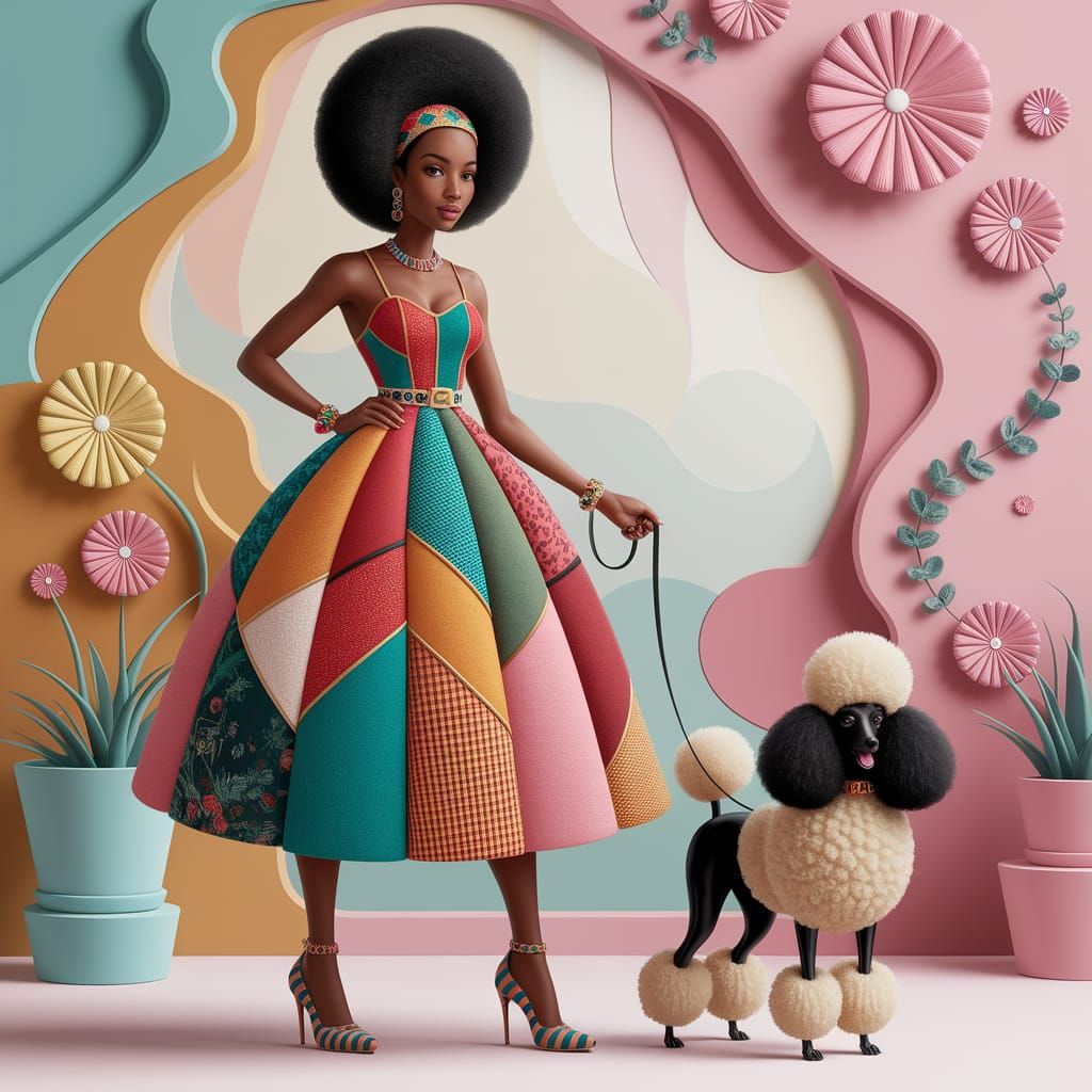 Stylish Woman with Poodle in Whimsical Digital Art