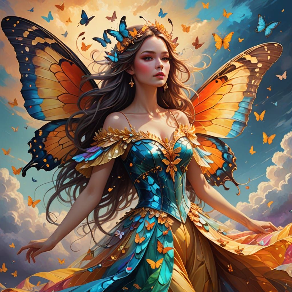 Butterfly Fairy in Flight: A Digital Oil Painting