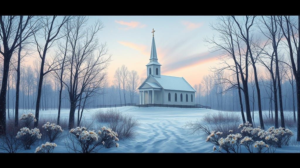 Serene Winter Church Amidst Frozen Forest in Whimsical Impre...