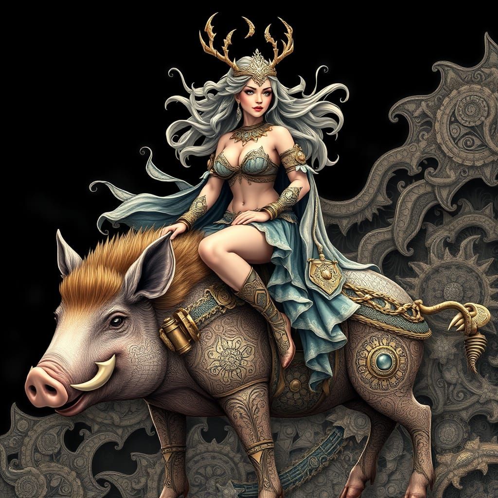 Freyja Rides Hildisvini in Abstract Fractal Style