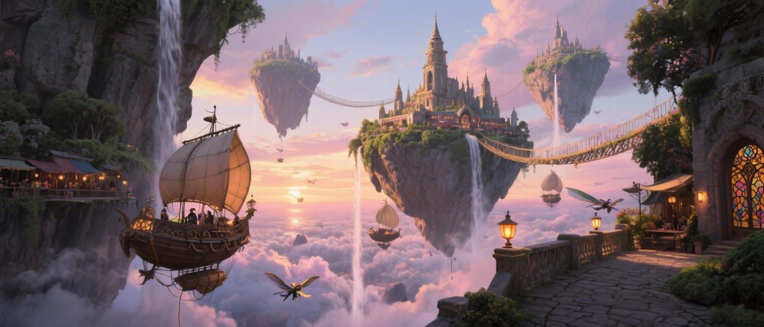 Floating Islands City with Sky-Barges and Waterfalls