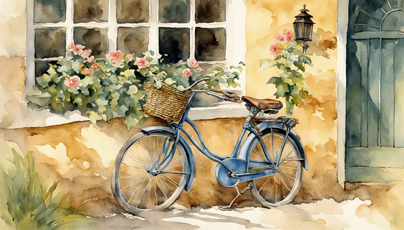 Watercolor Vintage Bicycle at Cottage Wall