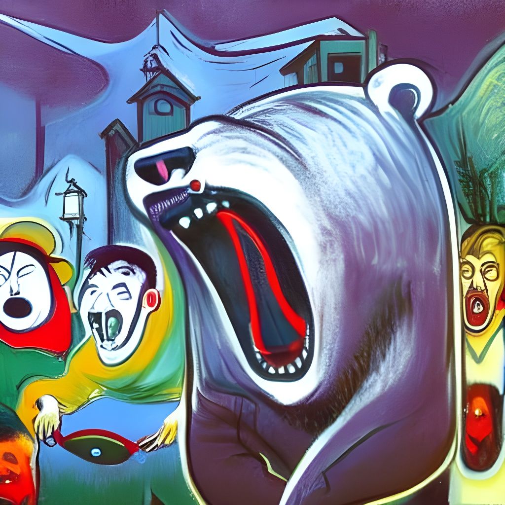 Screaming Bear Scares Pedestrians: Expressionist Painting