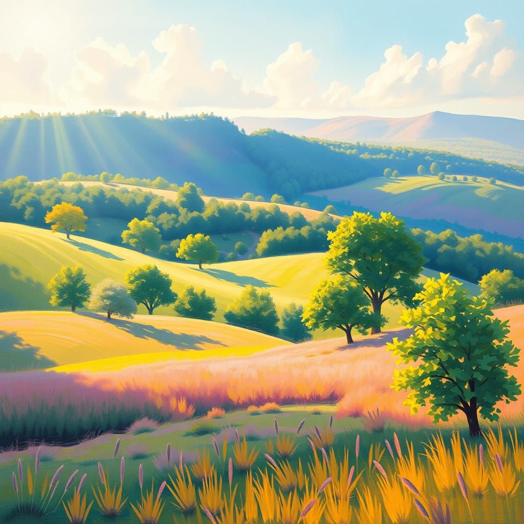 Lush Serene Landscape in Dreamy Harmony of Pastel Colors