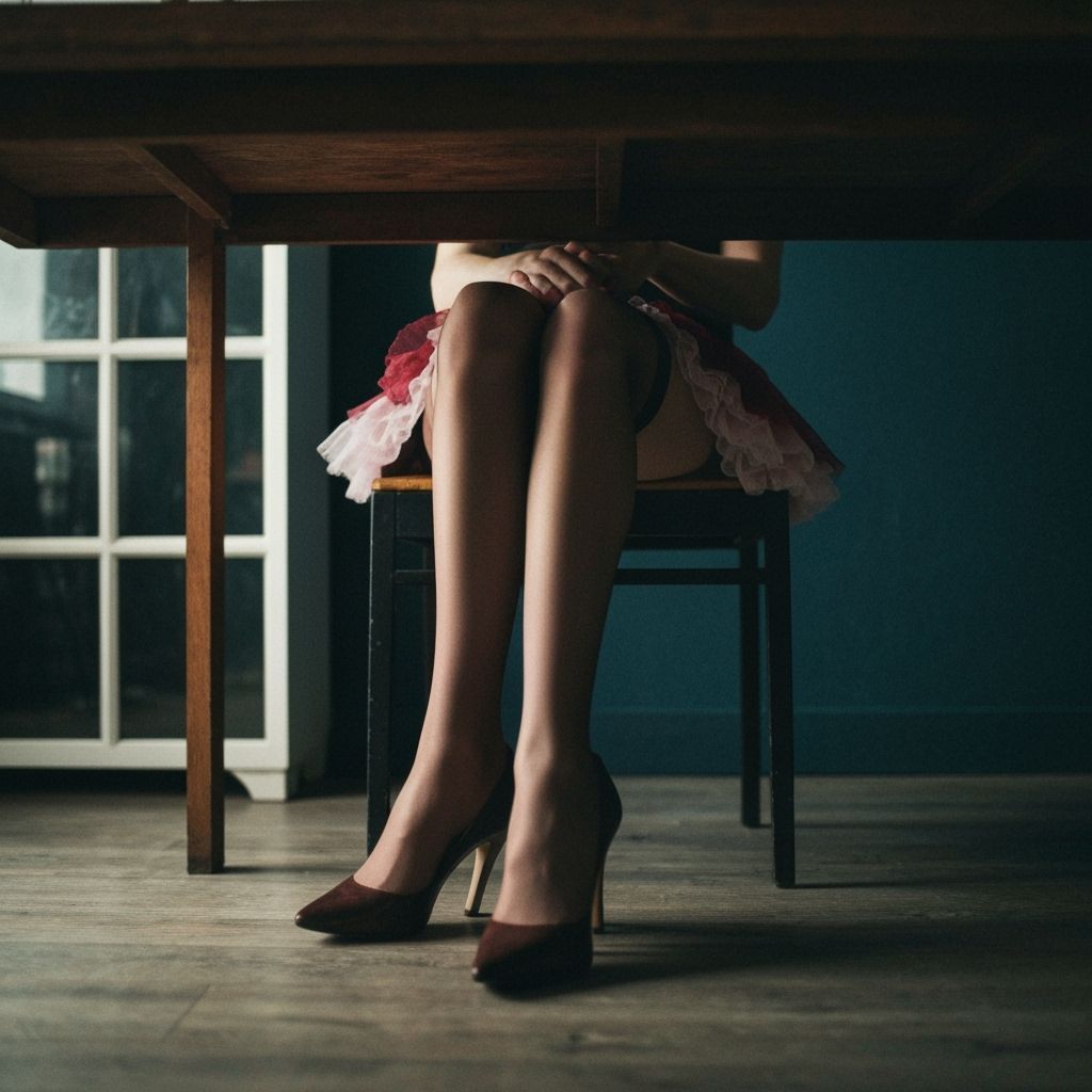 Crossdresser Under Table in Heels and Skirt