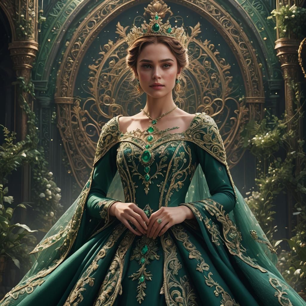Luxurious Emerald Coronation Gown: Detailed Matte Painting