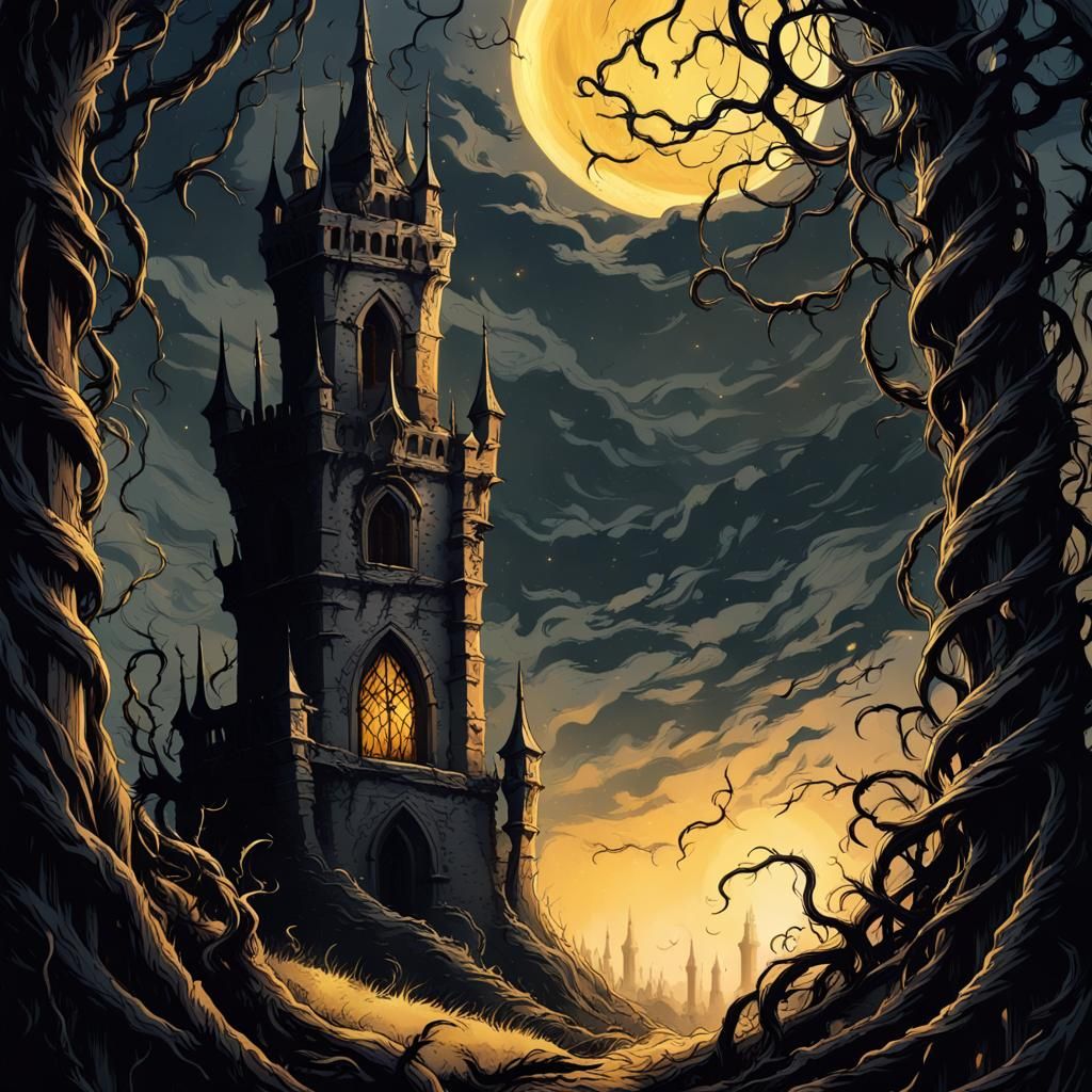 Ominous Gothic Tower with Hanging Figures