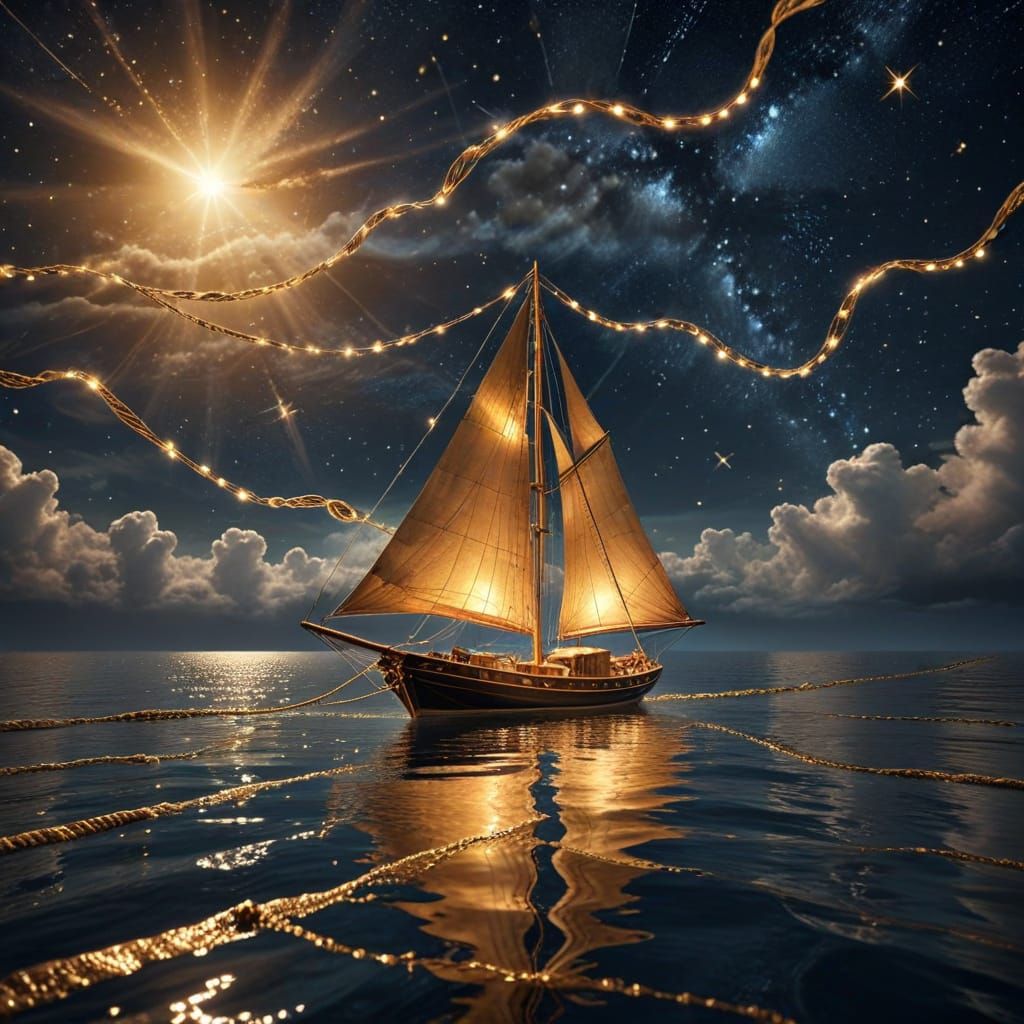 Golden Sailboat on Thread Waves Under Sparkling Sky