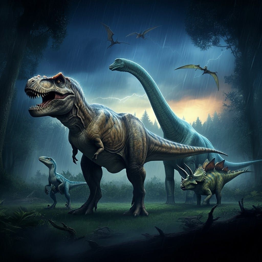 Dinosaurs Roaring in Forest Thunderstorm: Cinematic Scene