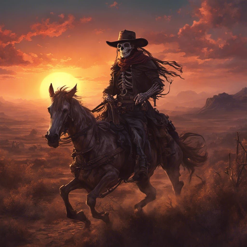 Skeleton Cowboy Rides into the Sunset: Dark Fantasy Art