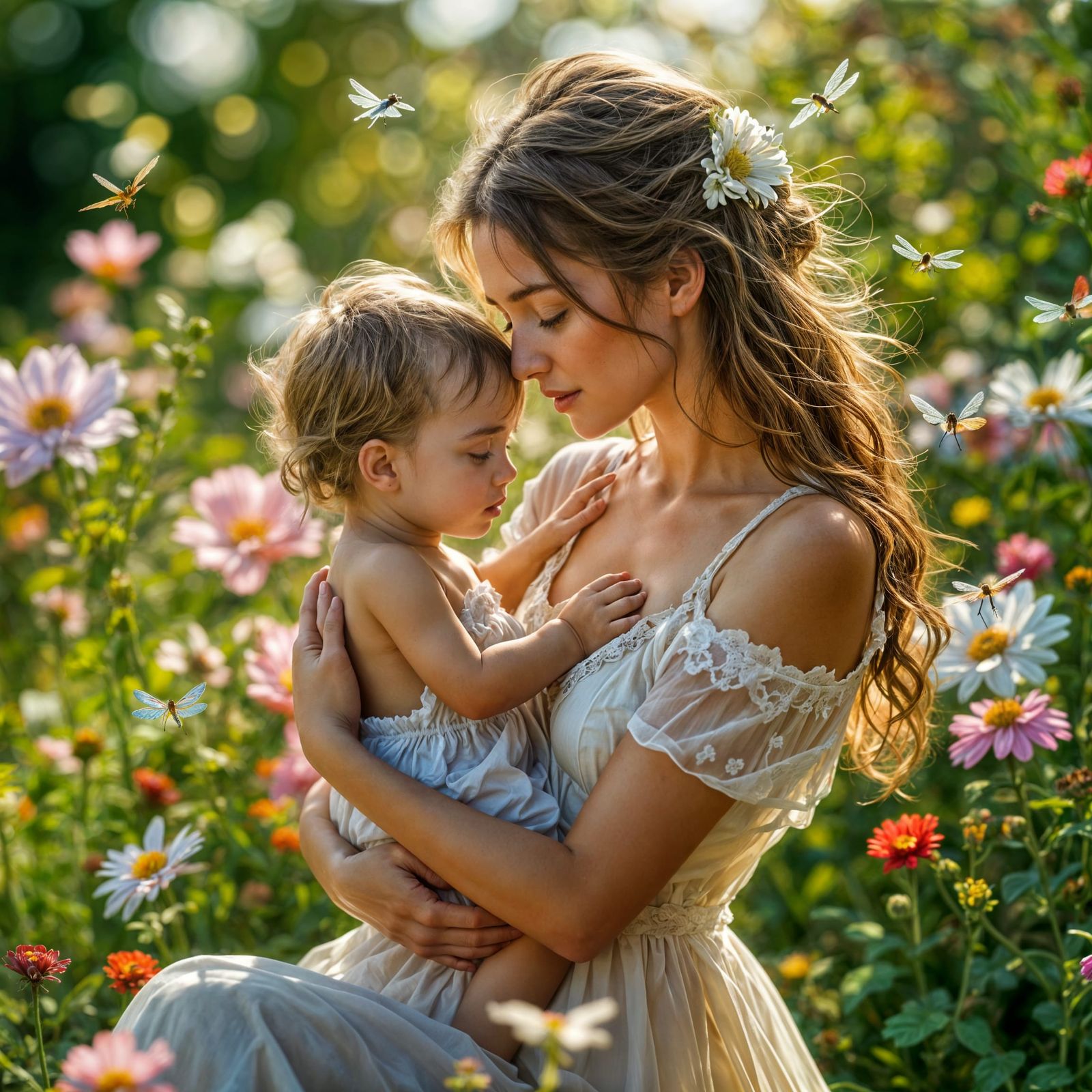 Mother and Child in a Vibrant Wildflower Field