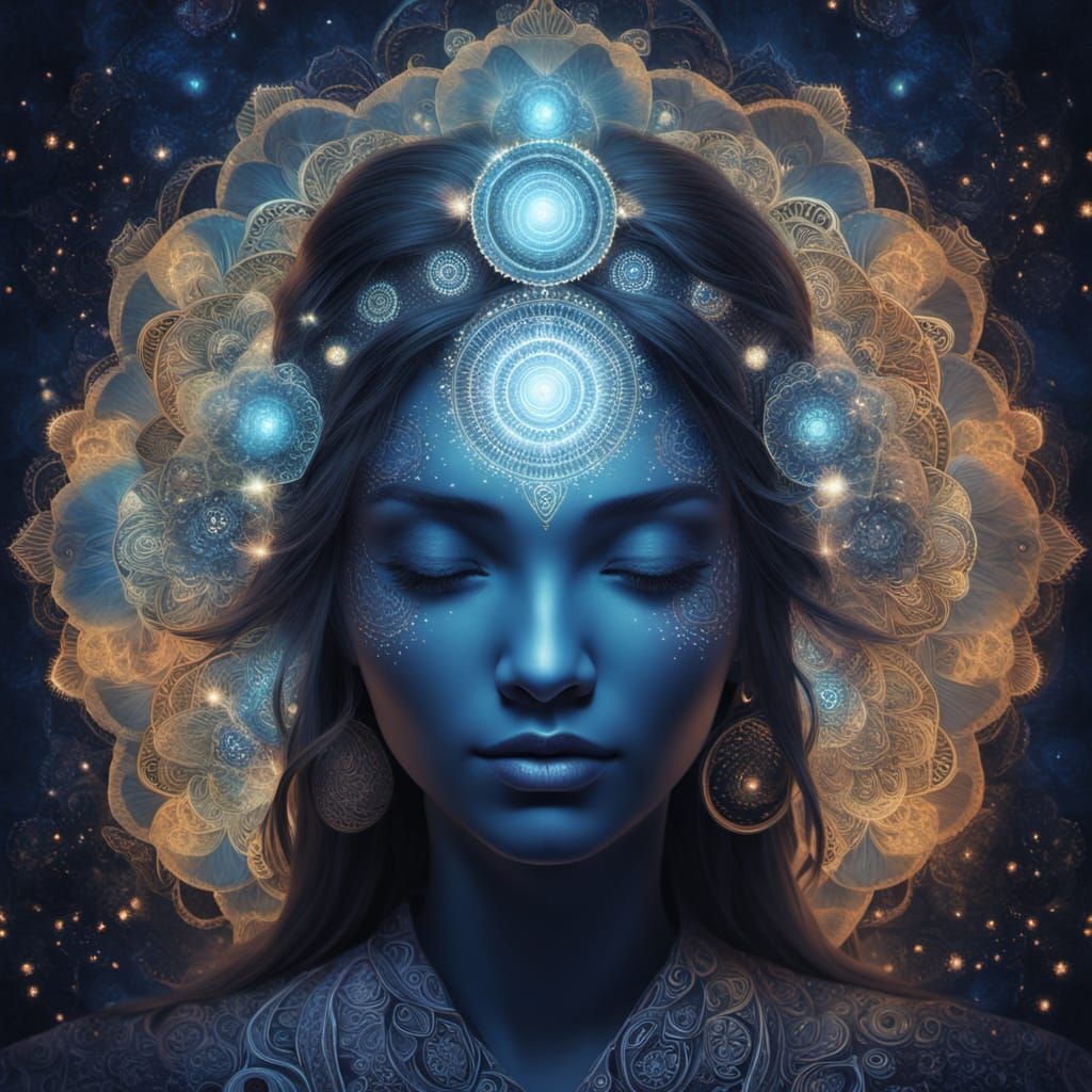 Ethereal Female Silhouette Made of Light Mandalas