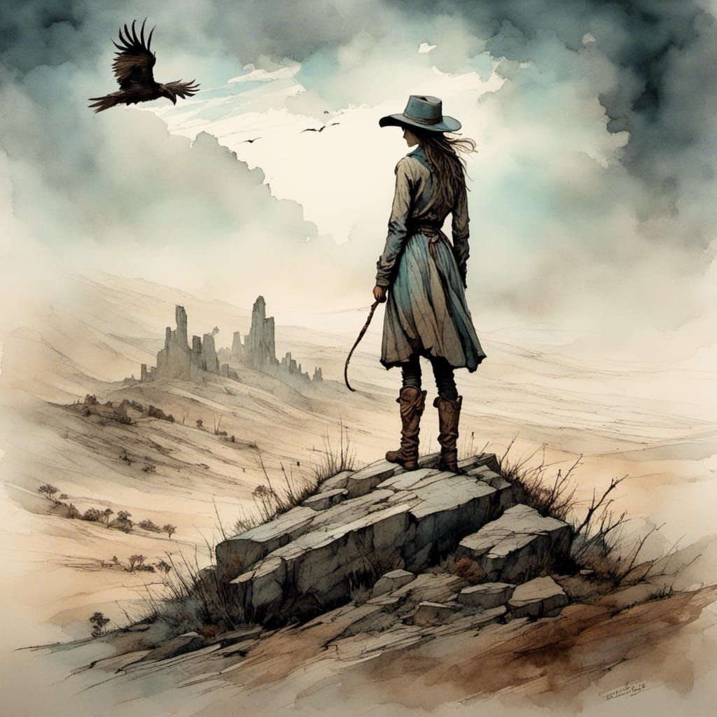 Cowgirl Stands Guard in Enamel Style