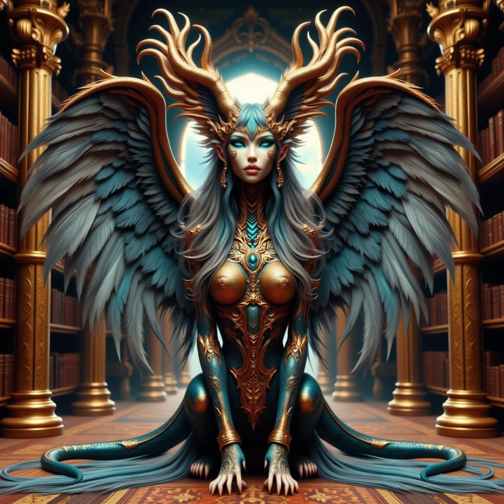 Clockwork Sphinx Guarding Ancient Library Portal